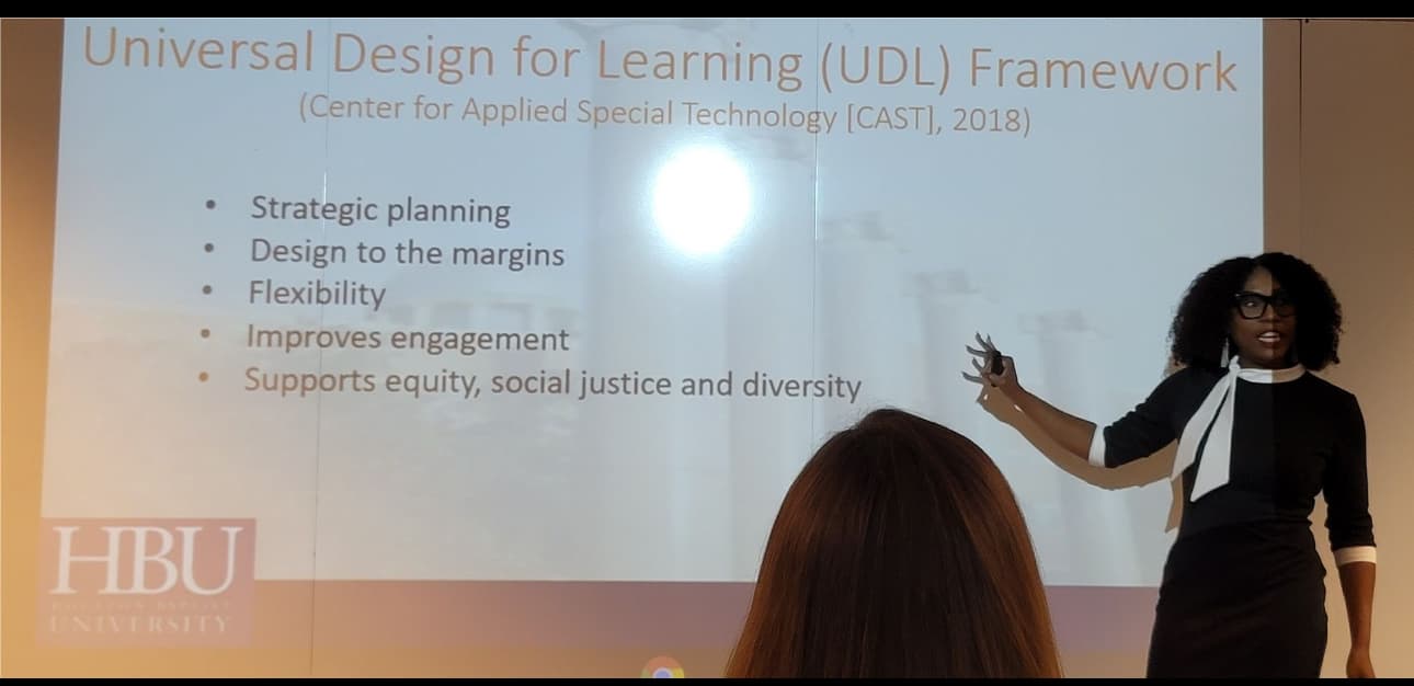 Dr. Natalie Edwards-Hudson presenting on the Universal Design for Learning (UDL) framework at a Houston Baptist University speaking engagement