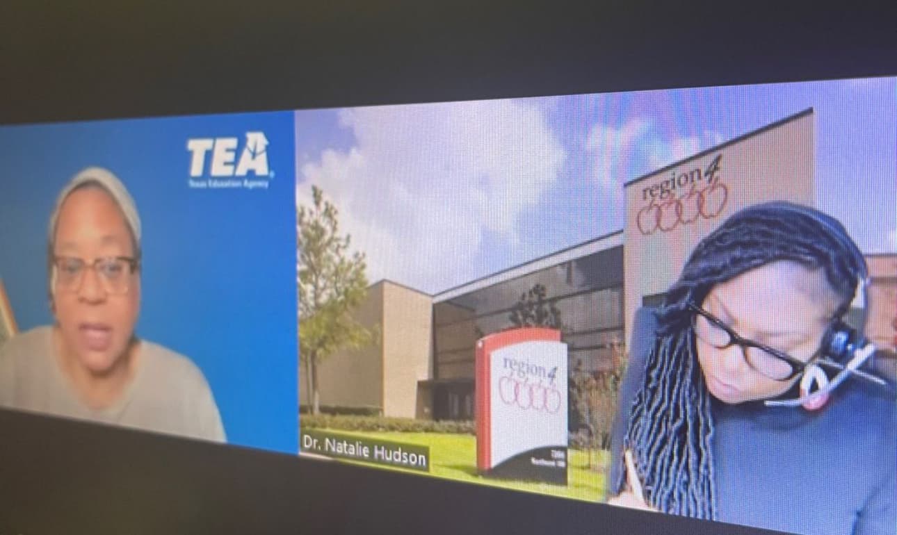 Video call screenshot of Dr. Natalie Hudson speaking alongside a Texas Education Agency panel, with the Region 4 building shown